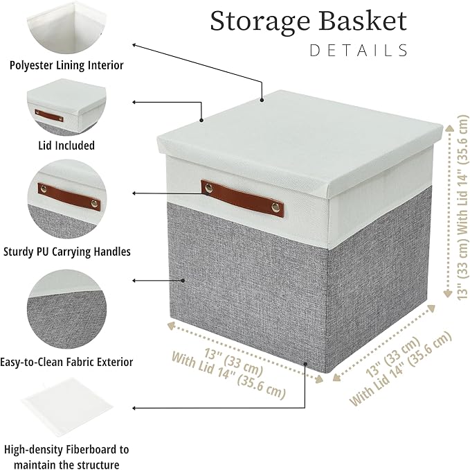 DECOMOMO Storage Basket with Lid, Storage Cubes with Handles, Fabric Box with Lid (Grey and White, 11” / 3 Pack)