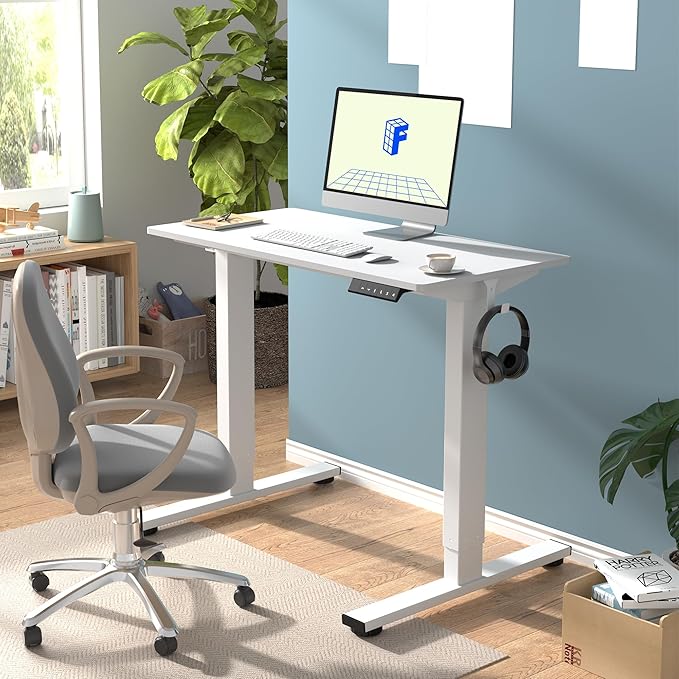 FLEXISPOT EN1 One-Piece Standing Desk, 40"x24" Seamless Desktop Electric Height Adjustable Desk for Home Office, Multi-Monitor Setups & Easy Assembly, White