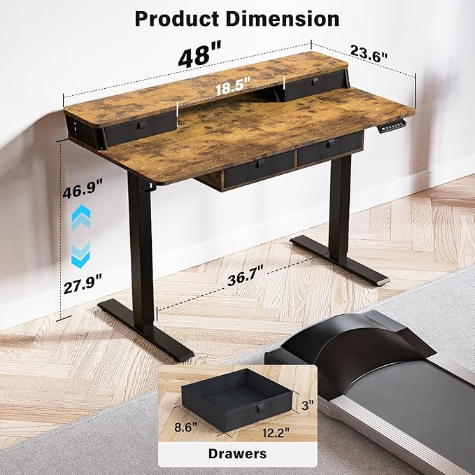 Kingant 48 x 24 Inch Electric Standing Desk with 4 Drawers, Height Adjustable Sit to Stand Computer Desk with Storage Shelf and C-Clamp Mount Compatibility for Home Office, Rustic Brown