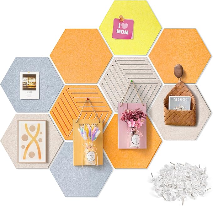 12'' Medium Hexagon Cork-Bulletin Board Tiles Frameless 10 Pack Adhesive Removable Felt Corkboard Decorative Prayer-Vision Board for Home-Office Wall Decor, Hex Tack Pinboard with 30 Pushpins