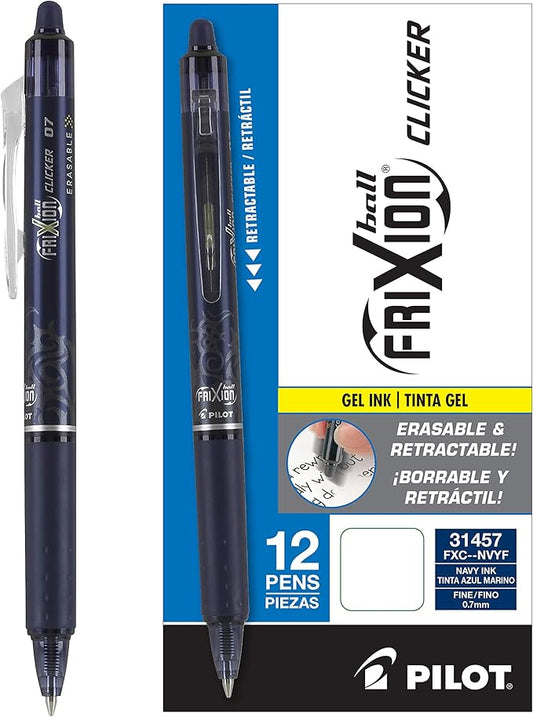 Pilot FriXion Clicker Erasable Gel Pens, Fine Point (0.7mm), Navy Ink, 12-Pack - Refillable, Smooth Writing Pens for School, Journaling, and Office Use