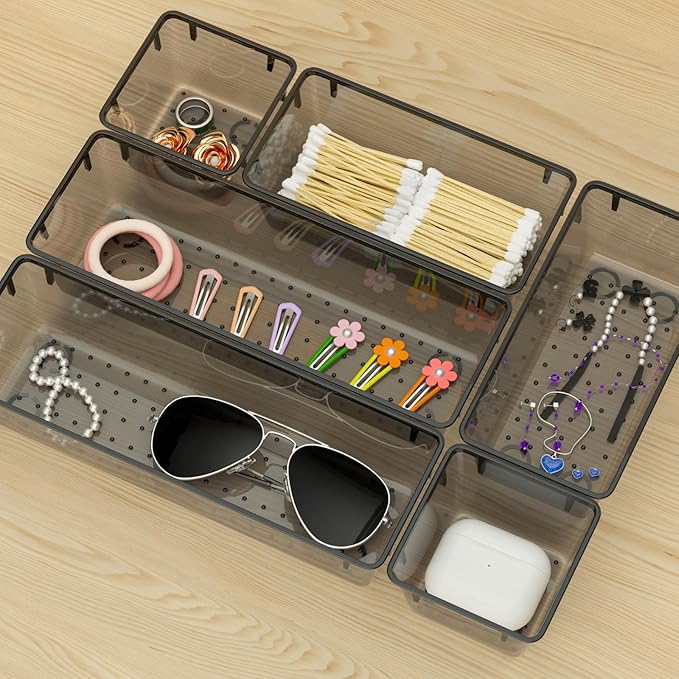 WOWBOX 9 Pack Clear Drawer Organizer Set, Acrylic Drawer Storage Trays, Storage Bins for Makeup, Cosmetics, Jewelries, Utensils, Gadgets, Office, Black