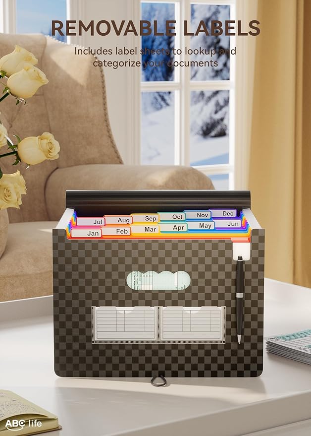 ABC life 12-Pocket Accordion File Organizer, Expandable File Folder with Colorful A-Z Tabs, Portable Bill & Receipt Organizer, Desktop Letter/A4 Document Storage for Home & Office-Black Matt