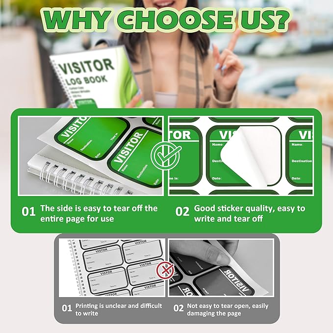2 Pack Visitor Badges with Carbon Copy Visitor Stickers Letter Size Visitor Log Book Protecting Privacy Pages Register Book Business Guest Name tag for School Clinics Church-450 Badges 60 Memo Pages