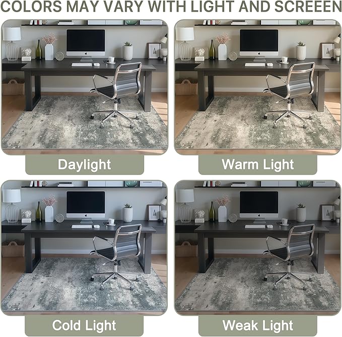 Office Chair Mat for Hardwood Tile Floor, Abstract 48"X 60" Desk Mats for Office Chair on Rolling Chairs Carpet, Desk Anti-Slip 1/5" Thick Rug for Computer Chair, Thin Low-Pile Floor Mat, Green Beige