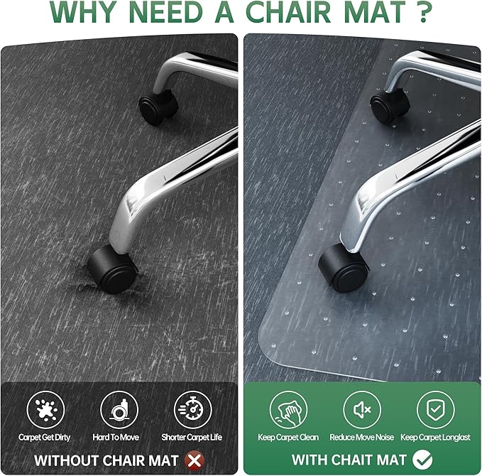Office Chair Mat for Carpet - Clear Thick Desk Chair Mat for Carpet Plastic Floor Mats for Rolling Work and Gaming Chairs with Studs for Low Pile, Flat and No Carpeted Floors