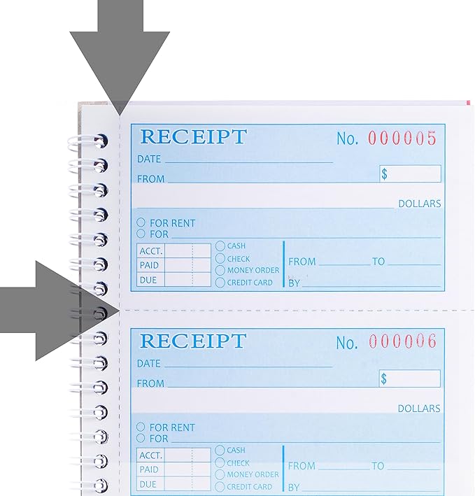 2 Packs Receipt Book with Carbon Copies,Money and Rent Receipt Book,2-Part Carbonless,5.31" x 11.22",Spiral Bound,Yellow and Blue Copy,200 Sets per Book