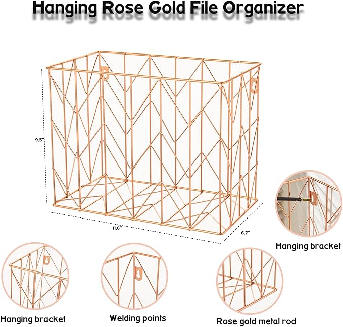 Fei Bi 1 Pack Metal Hanging Rose Gold File Organizer, Basket, Box, Storage Box, Office and School Supplies Organizer