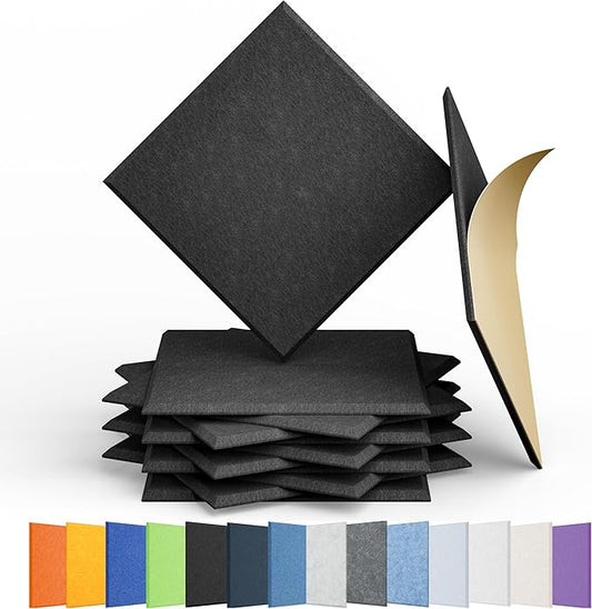 Amantech 12 Pack Acoustic Panels Self Adhesive Sound Proof Foam, High Density Sound Acoustic Panel, 12X12X0.4 Inch Square Panels in Home, Office, Reccording Room, Studio,and more(Black)