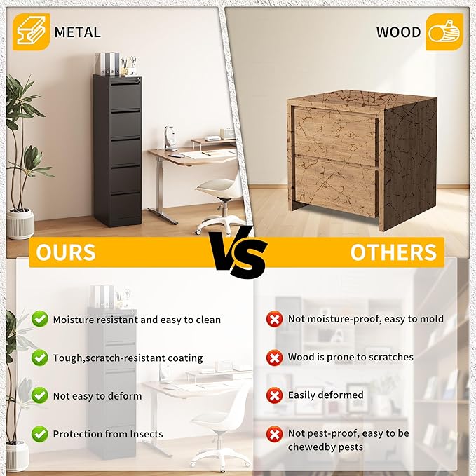Reegangfa 5 Drawer File Cabinet with Lock, 18" D Metal Vertical File Cabinets, Steel File Storage Cabinets for Home Office, Hanging A4 Legal/Letter Size Narrow Filing Cabinet, Assembly Required