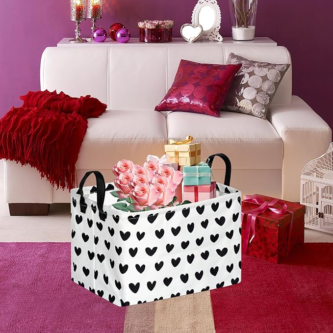 FUULOXE Rectangular Valentines Basket Storage Bin for Shelves Girls Gifts Baskets Foldable Box with Handles for Home Office Car Dormroom Valentine's Day Party Supplies