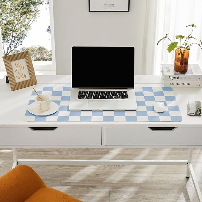 Ohocut Checkered Desk Mat, Large Cute Aesthetic Retro PU Leather Computer Laptop Desk Mat, Non-Slip Waterproof Mouse Keyboard Pad, Desk Writing Mat for Work/Home (Blue, 23.6" x 13.7")