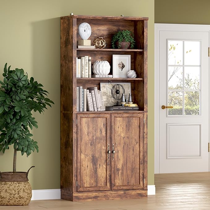 BORNOON 71.4" Tall Bookshelf with Cabinet, 5-Tier Floor Standing Bookcase with Doors & Adjustable Shelves, 31.5" Wide Storage Shelf, Metal Handles, Modern Organizer for Home Office, Living Room