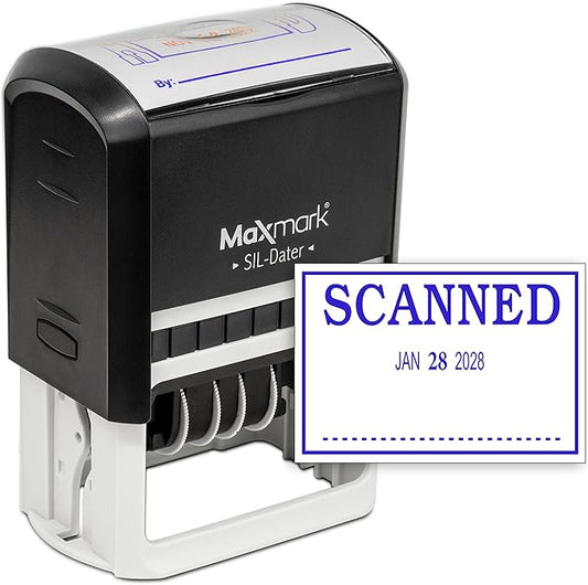 MaxMark Large Self-Inking Rubber Date Office Stamp with Scanned Phrase & Date - Blue Ink, 12-Year Band - Style 3