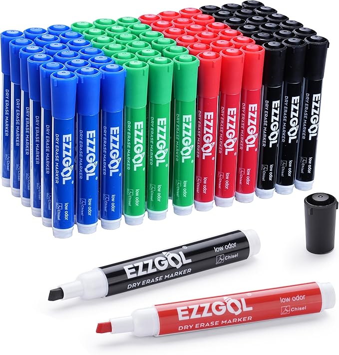 Ezzgol Dry Erase Markers Bulk, 72 Pack Basic Multi-color Red Blue Black Green Low Odor Whiteboard Markers, Chisel Tip Dry Erase Markers for Writing on Dry Erase Whiteboard for School, Office, Home