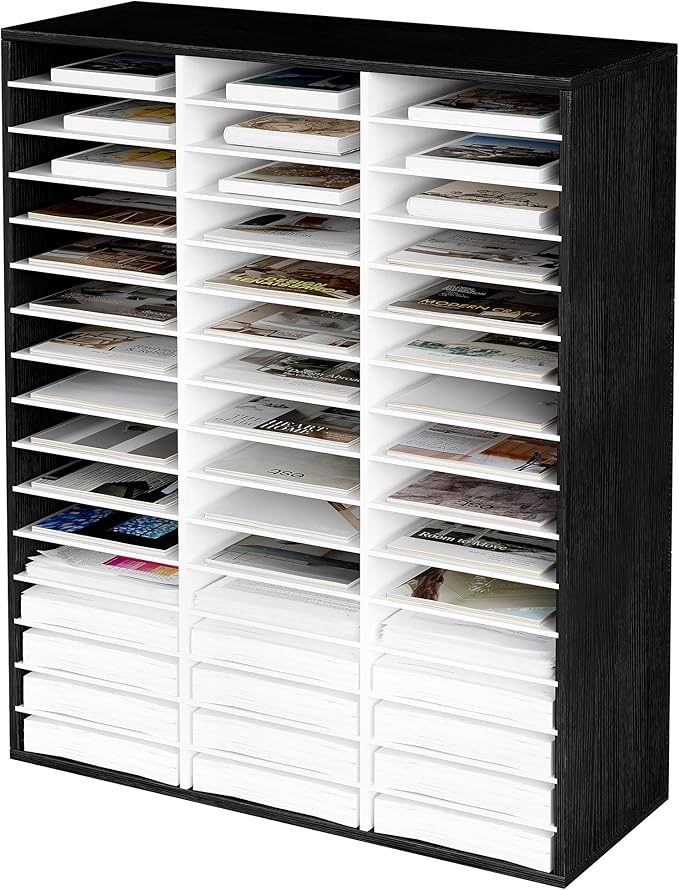 EasyPAG Wooden Literature Organizer with Adjustable Shelves, 48 Compartments Office Paper Organizer Storage 24000 Sheets Letter Size Paper, Student Mailbox for Classroom, Black/White