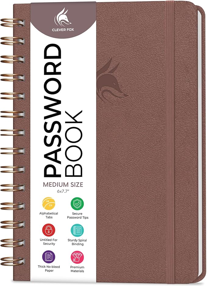 Clever Fox Password Book Spiral – Internet Address & Password Organizer with Laminated Alphabetical Tabs – Password Keeper Journal – Hardcover, Medium Size, 6.1x7.7” (Dark Terracotta)