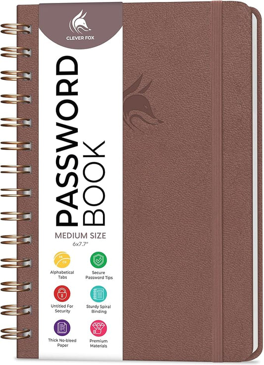 Clever Fox Password Book Spiral – Internet Address & Password Organizer with Laminated Alphabetical Tabs – Password Keeper Journal – Hardcover, Medium Size, 6.1x7.7” (Dark Terracotta)