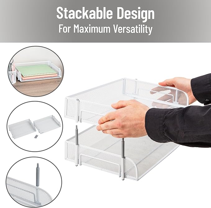 Mind Reader Stackable Paper Tray, Desktop Organizer, File Storage, Office, Metal Mesh, 13.5" L x 10" W x 7.25" H, 2 Pcs., White