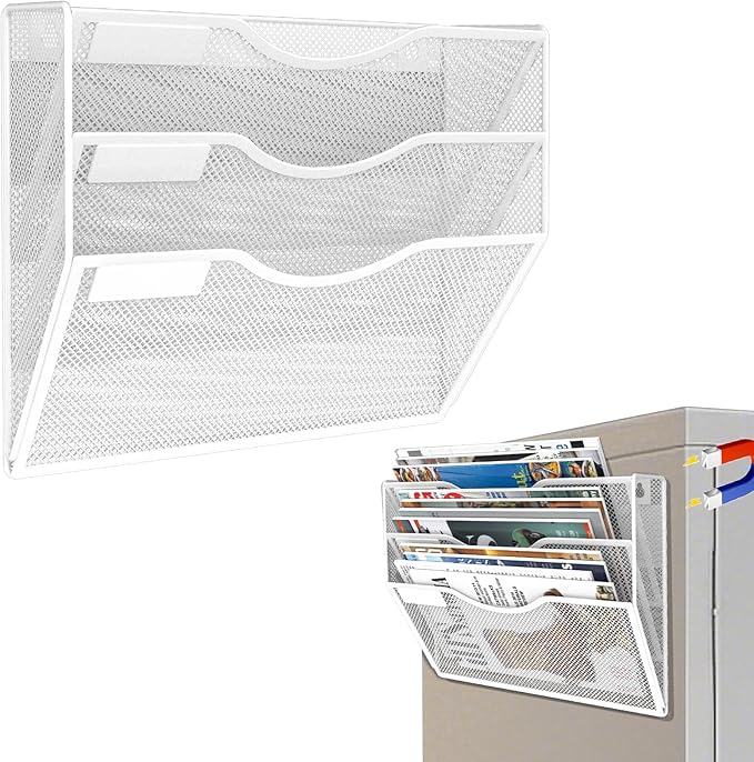 LQPAFZ 3-Tier Magnetic File Holder, No Drilling Installation File Cabinet Organizer, White Magnetic File Organizer, Magazine Rack, Magnetic Paper Holder for Refrigerator, File Cabinets,White