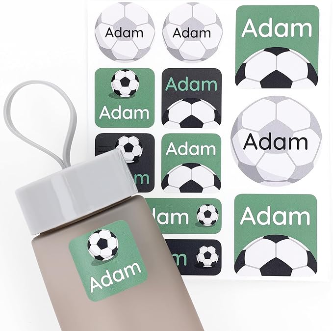 Large Name Labels for Kids (33) - Custom Stickers for Daycare and School Supplies - Durable, Waterproof Stickers for Water Bottles, Lunch Boxes, and More with Unique Designs - Soccer