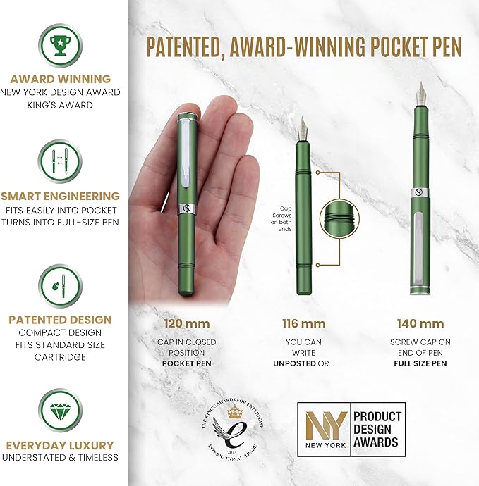 Scriveiner Personalized Luxury EDC Fountain Pen (Medium), Stunning Matt Green Pocket Pen, Chrome Finish, Schmidt German Nib, Best Engraved Fountain Pen Gift Set for Men & Women, Name Engraving