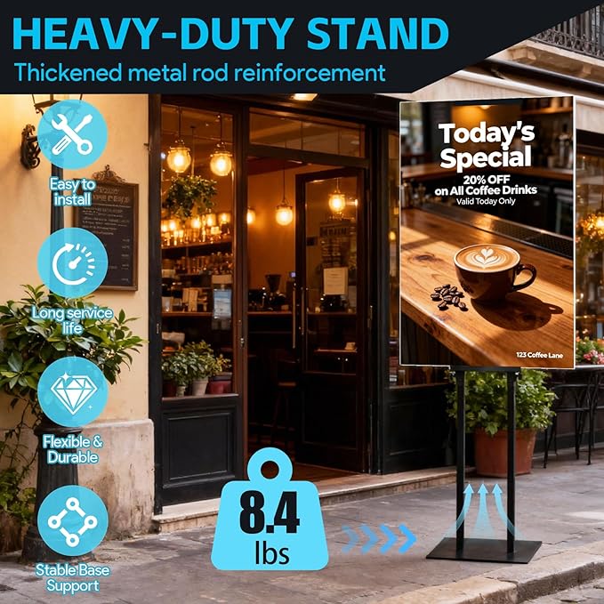 Noliven 4 PCS Adjustable Poster Stand, 43"-83" Adjustable Metal Sign Holder for Display, Double-Sided Freestanding Pedestal Sign Stand, for Restaurants, Parties, Cinemas and Outdoor, Black