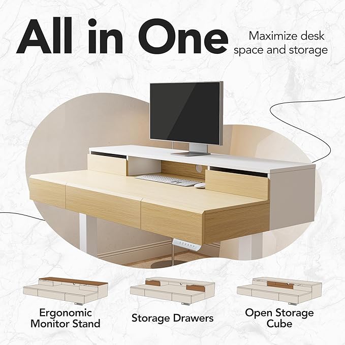 HUANUO Standing Desk with Drawers, 48 Inches Electric Height Adjustable Desk with Storage, Whole-Piece Board Sit Stand Up Desk with Monitor Shelf, Light Walnut