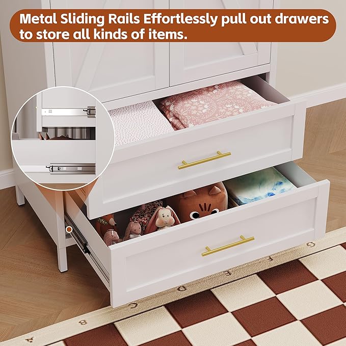 SUPEER Metal Wardrobe Cabinet with 2 Drawers and Hanging Rod, 70.9" H Metal Armoire Wardrobe Closet with Adjustable Shelf for Bedroom, Laundry Room, Home,Office,Installation Required,White