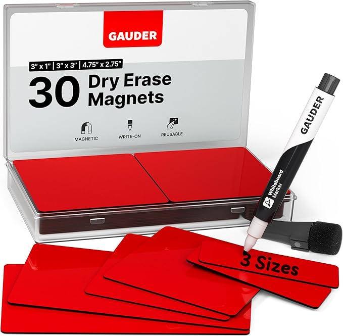 GAUDER Magnetic Labels Writable - Reusable Magnet Tags for Whiteboard, Chalkboard, Kanban Board and Refrigerator - Magnet Cards with Marker (30 Pack - 3 Sizes)