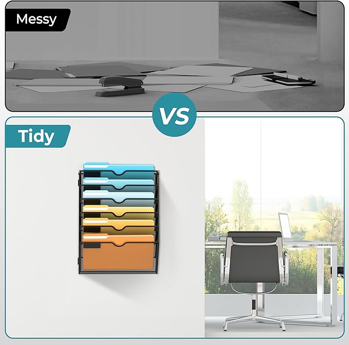 SUPEASY Wall File Organizer Mesh Office Mail Holder, Hanging Wall Organizer Magazine Rack for Office Black, 6 Tier