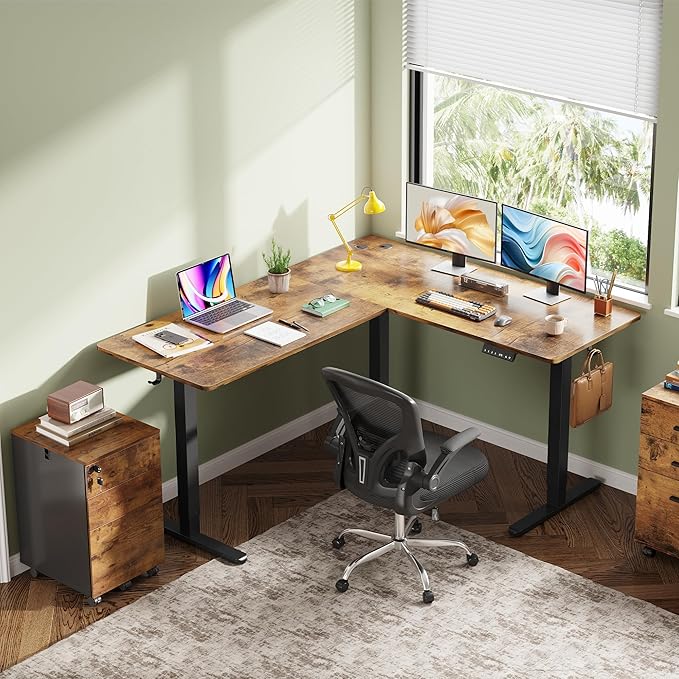 DEVAISE L Shaped Standing Desk Adjustable Height, Dual Motor Electric Corner Standing Desk, 63x55 inch Sit Stand up Home Office Desk with Splice Board, Rustic Brown