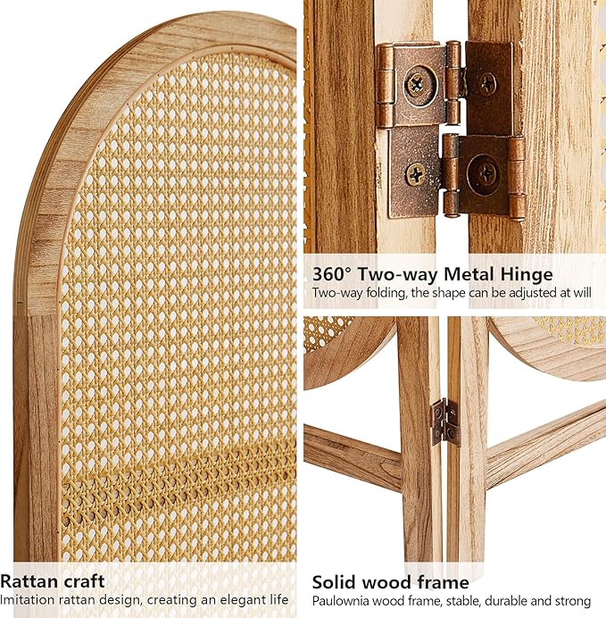 Asnefeli Room Divider 3 Panels, Hand-Woven Rattan Room Divider Wall, Foldable Wood Divider Screen, Creative Divider Wall, Folding Privacy Screens, Unique Design Privacy Divider Panel (Natural)