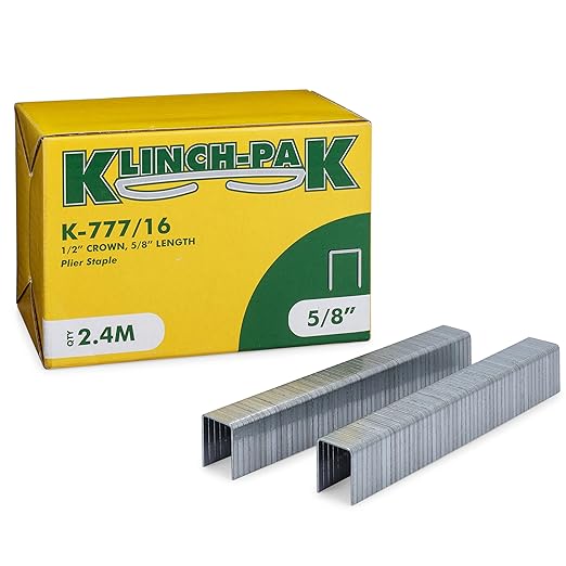 Klinch-Pak K-777/16, 5/8" Leg x 1/2" Wide Crown Heavy-Duty Galvanized Plier Staples, 2400 Per Package, Similar to JK777 Staples, for stapling Trays, Lids, Bags, Header Cards, Fastening End Caps