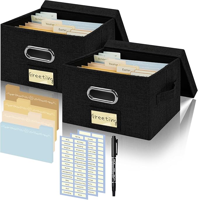 Remowith Greeting Card Organizer and Storage Box with 40 Pcs Adjustable Dividers, Storing Cards with 168 Pcs Labels Perfect for Storing Greeting Cards, Envelopes, Photos 2 Pack Black