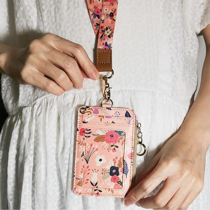 Blooming Flower Badge Holder with Lanyard, Women's Lanyard Wallet, Id Badges Holder for Nurse, Teacher, Student, Office (Pink Floral)
