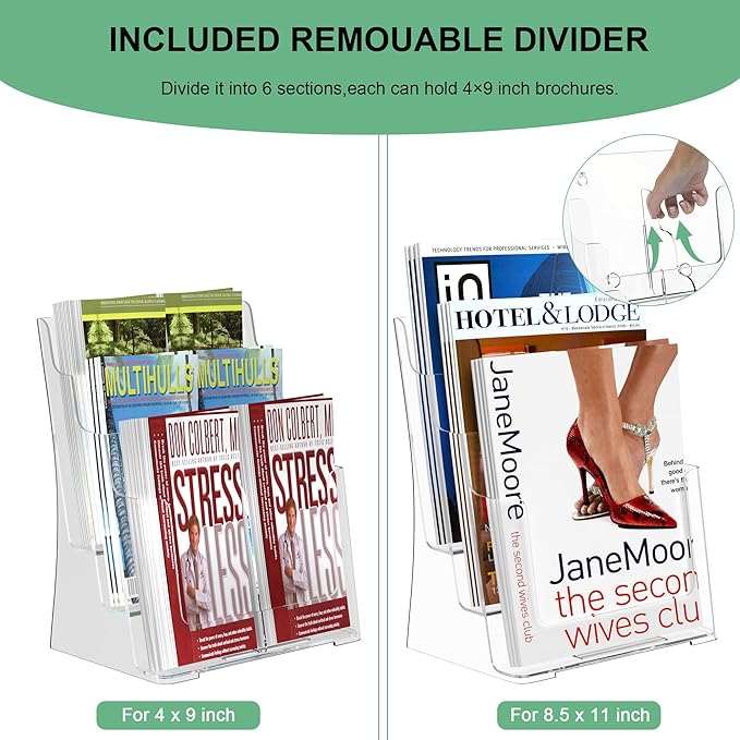 zavekia 3 Tier Acrylic Brochure Holder 8.5 x 11 inch, Clear Literature Organizer Magazine Stand with Removable Divider for 4 x 9 inch Brochures,Magazine Holder,Flyer Holder