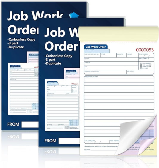 150 Sets Job Work Order Form Book 3 Part Carbonless Work Order Invoice Book 5.5 x 8.3 inch Job Order Forms with Numbers and Tear Off Top with Hard Backing for Business Service (3)