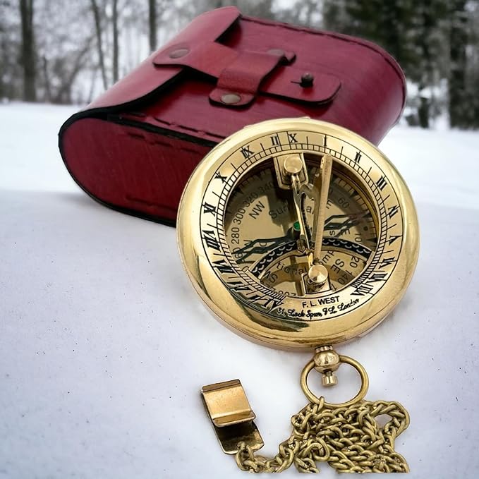 Handcrafted Vintage Brass Sundial Compass – Antique Nautical Sun Clock with Leather Case – Engraved Collectible Brass Compass Gift for Men - Nautical Gifts for Men, Anniversary Vintage Gifts