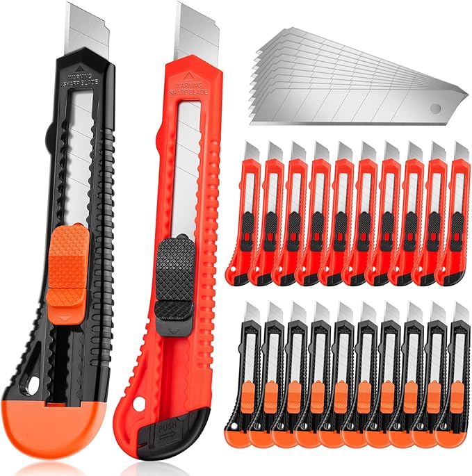 JOYUMY 20 Pack Utility Knife, Box Cutter Retractable, Box Knife for Cartons, Cardboard, and Boxes, Box Opener with 10 Pieces 18mm Snap-off Blade, Razor Knife for Office and Home Use, Box Cutters