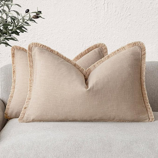 Foindtower Set of 2 Decorative Linen Fringe Throw Pillow Covers Boho Farmhouse Cushion Cover with Tassels Accent Pillowcase for Couch Chair Sofa Bed Living Room Home Bedroom Decor,12×24 Inch,Tan Beige