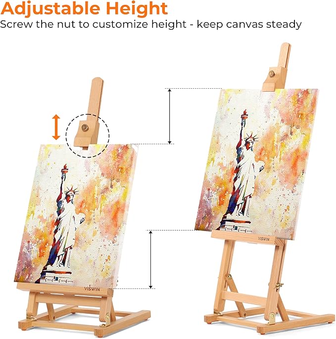 VISWIN 25" H-Frame Tabletop Easel for Painting, Adjustable Beech Wood Table Top Easel, Portable Art Easel for Adults, Artists, Beginners, Holds Canvas up to 15" – Natural