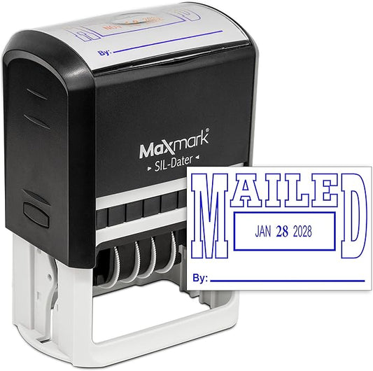 MaxMark Large Self-Inking Rubber Date Office Stamp with Mailed Phrase & Date - Blue Ink, 12-Year Band - Style 5
