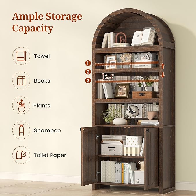 81" Tall Arched Cabinets,Bookcase with storage,Mid-Century Modern 6-Tier Bookshelf with Door,2 Book Risers and Adjustable Shelves offering more storage space for Living Room,Kitchen,Home Office,Walnut