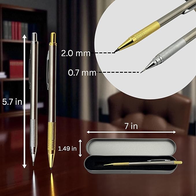 Custom Engraved Mechanical Pencil – Personalized 2.0mm Refillable Drafting Tools – Gift for Architects, Engineers, Students, Designers, Graduation (Chrome w/ Gold Trim Pencil Engraved)