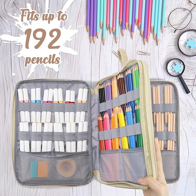 VASCHY Colored Pencil Case, Corduroy Large Pencil Pouch for Art Pens Markers Gel Pens Big Holder Organizer Fits 192 Pencils for Girls Women Camel