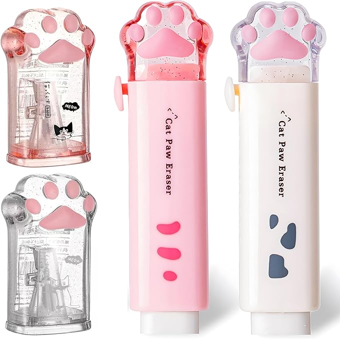 4Pcs Cat's Paw Cute Stationery Set,Cute School Supplies,Including 2 Cute Pencil Sharpeners and 2 Retractable Erasers, for Kawaii Office School Home Supplies (Cat paw)
