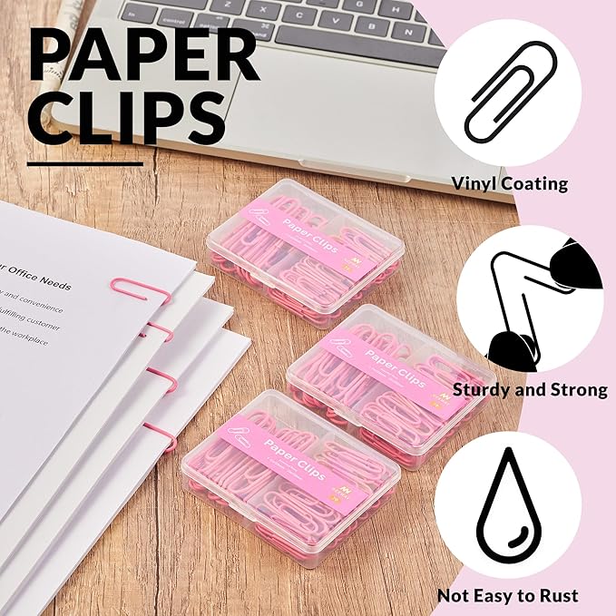 NEEWAY Colorful Paper Clips Assorted Sizes, Small and Large Paperclips, 210 Count, 3 Pack of 70 (Rose Pink)