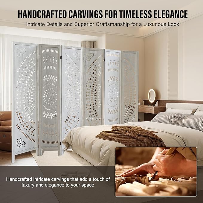 ALeesing 6 Panel Wood Room Divider Fully Assembled, Decorative Room Dividers and Folding Screens, 5.6Ft Room Divider Screen Freestanding Partition Wall Dividers for Home Bedroom Office, White