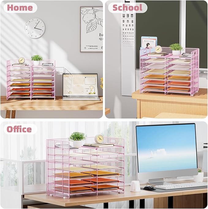 Marbrasse Desktop Literature Organizer, 12 Compartments Mesh Paper Organizer Desk Organizers, Adjustable File Sorter Mail Center Paper Storage Cabinet Classroom Mailbox for Office Home School, Pink